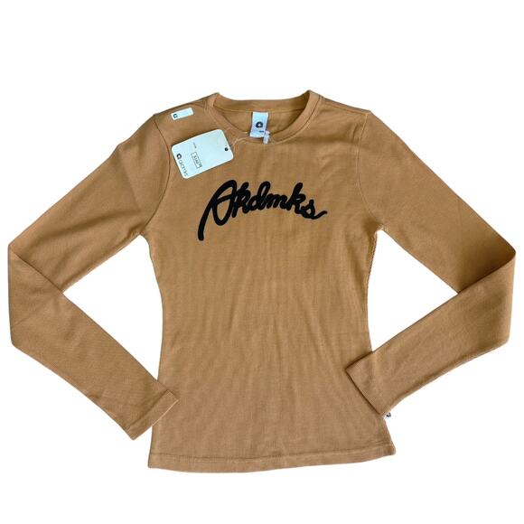 Akdmks Long Sleeves Womens Tee M Y2K Spell Out Logo Waffle Knit Top Mustard NWT - Picture 1 of 8